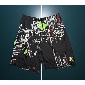 RARE Vintage HURLEY Board Shorts Men's Size 36 XL Black Skull Grunge‎ Skater Y2K